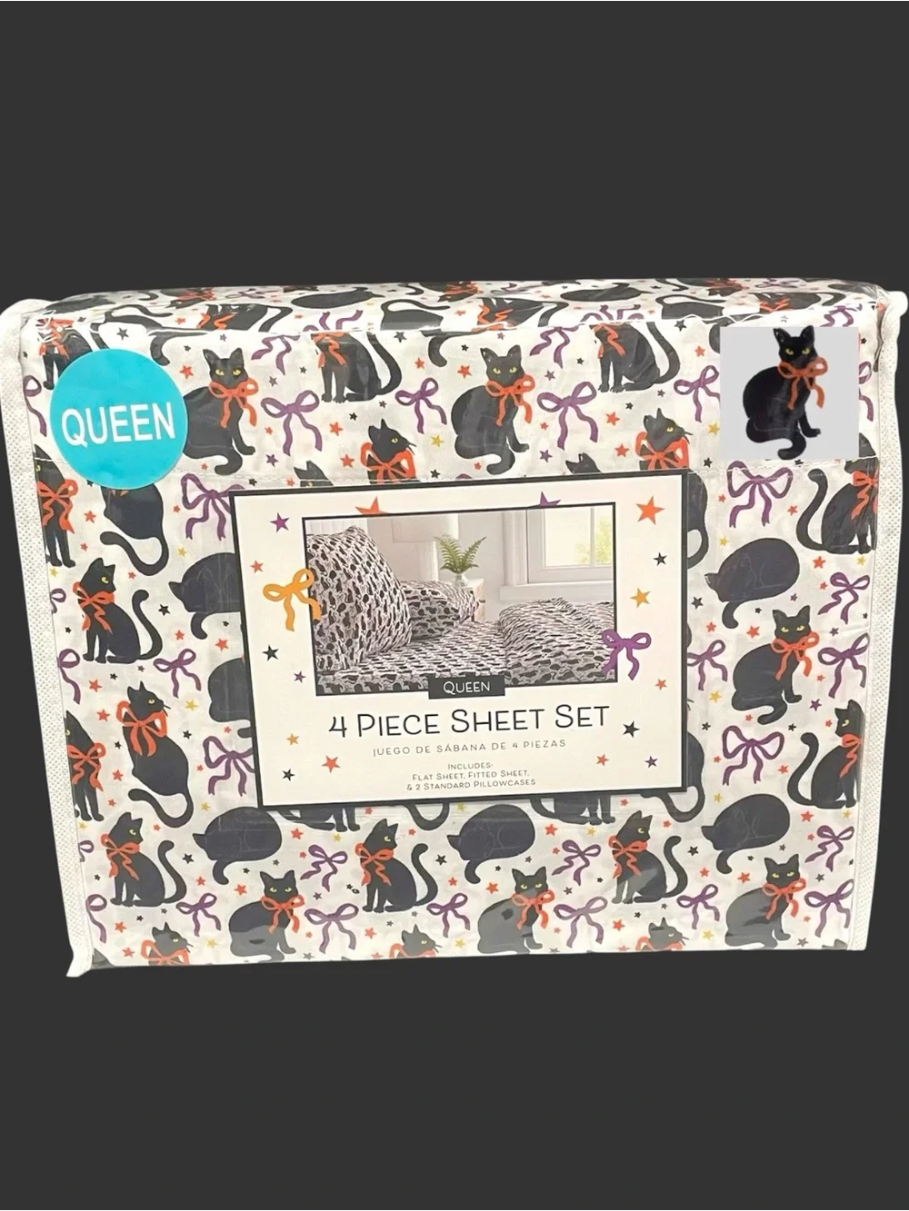 Halloween Queen Sheet Set Black Cats & Bows White Black Purple Orange NEW NWT